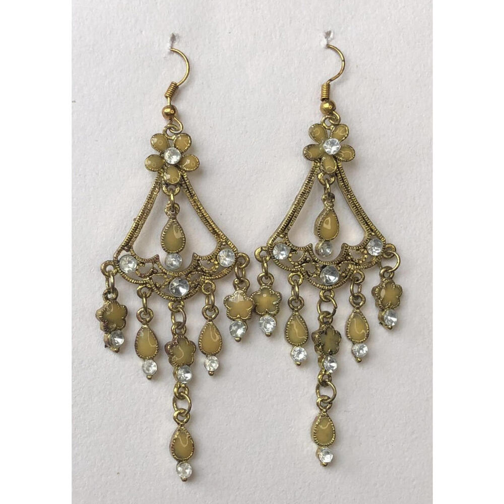 Boho Tan & Gold Floral Dangle Earrings